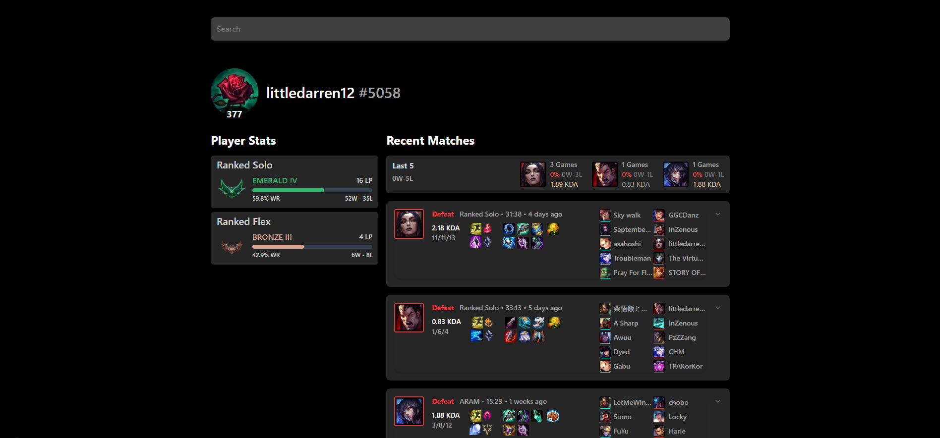 League of Legend Dashboard Profile Page