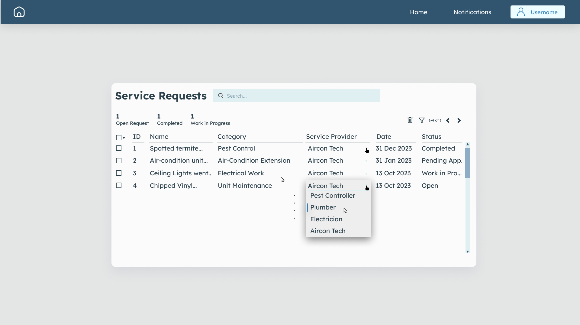 First Draft of Main Service Request Page